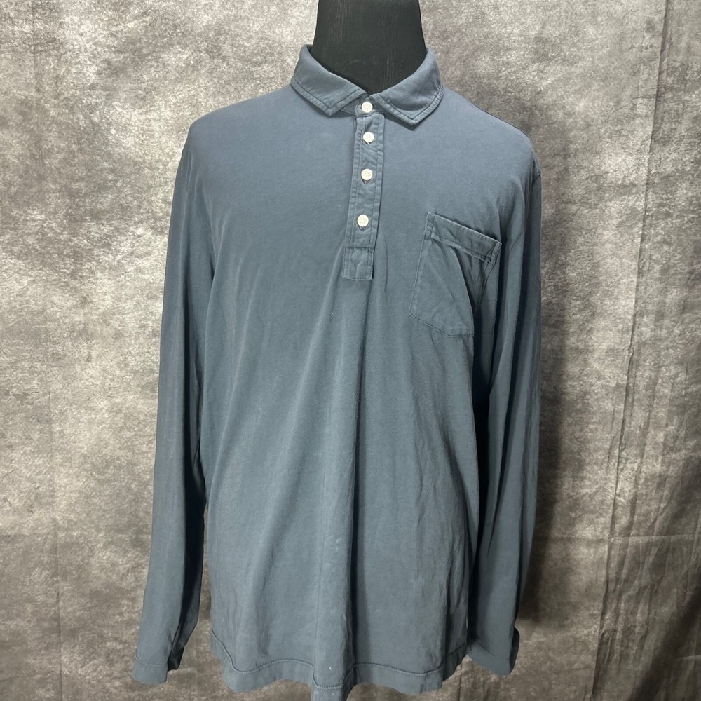 Billy Reid Long Sleeve Polo Shirt Mens XXL‎ Slim Fit Slate Blue Cotton Pocket